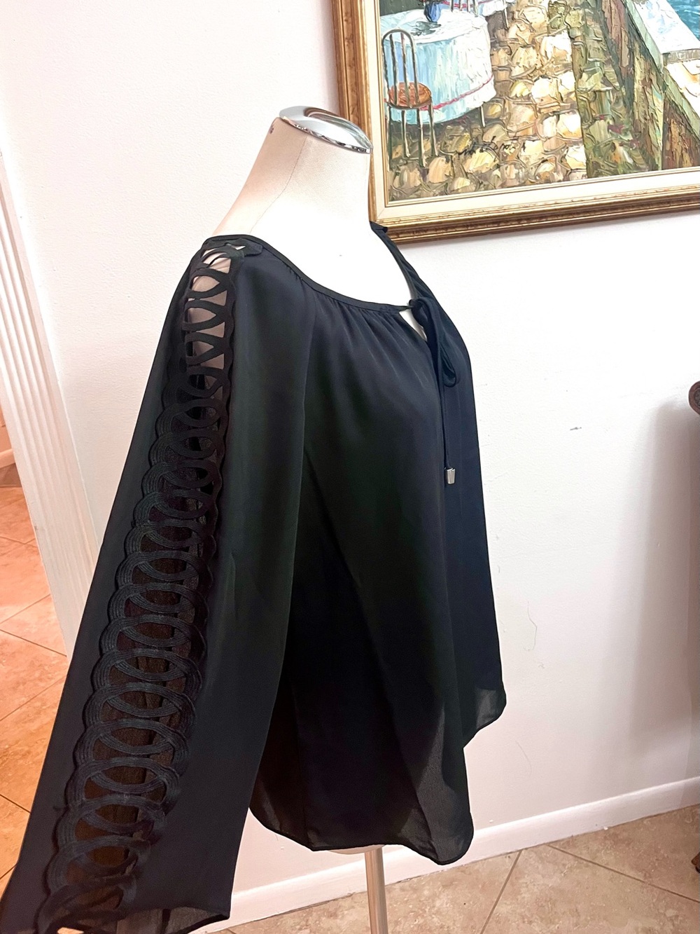 Zac & Rachel Black Peasant Blouse with Crochet Ladder Sleeves